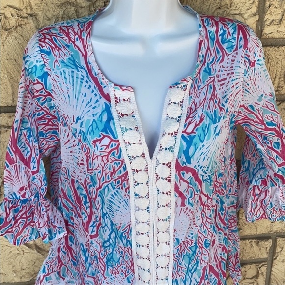 Coral Shells Tunic Beach Vacation Blouse comfy Size Med - Picture 5 of 8